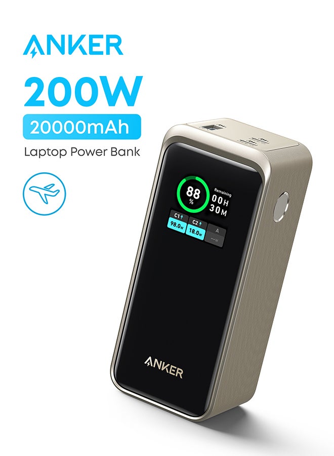 بنك طاقة برايم بقدرة 20000 مللي أمبير في الساعة، وشاحن محمول بقدرة 20000 مللي أمبير في الساعة مع مخرج 200 واط وشاشة رقمية ذكية ومنفذي USB-C ومنفذ USB-A متوافق مع سلسلة iPhone 15/14/13 وسامسونج وديل والمزيد ذهبي - Image 1